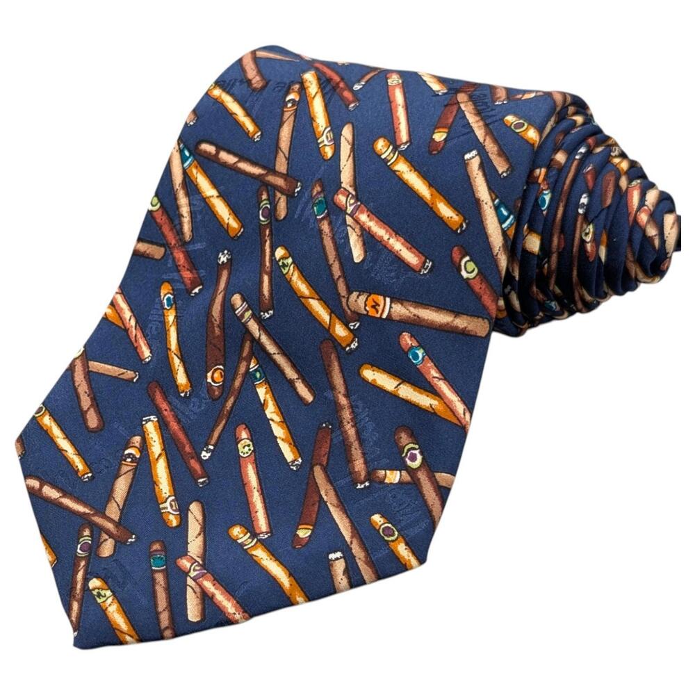 Vintage Nicole Miller Tie‎ 55" Mens Wide Silk Blue Cigar Novelty Korea 90s